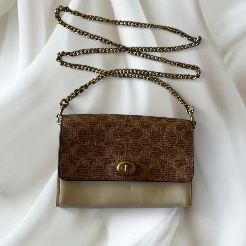 Coach Marlow turn lock gold chain cross body signature canvas purse